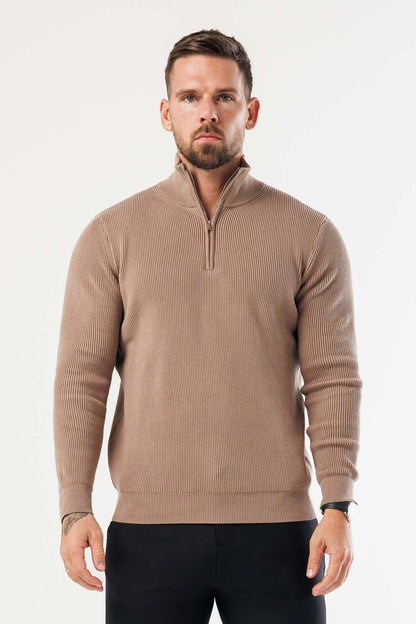 RIDGE KNIT QUARTER ZIP - BROWN