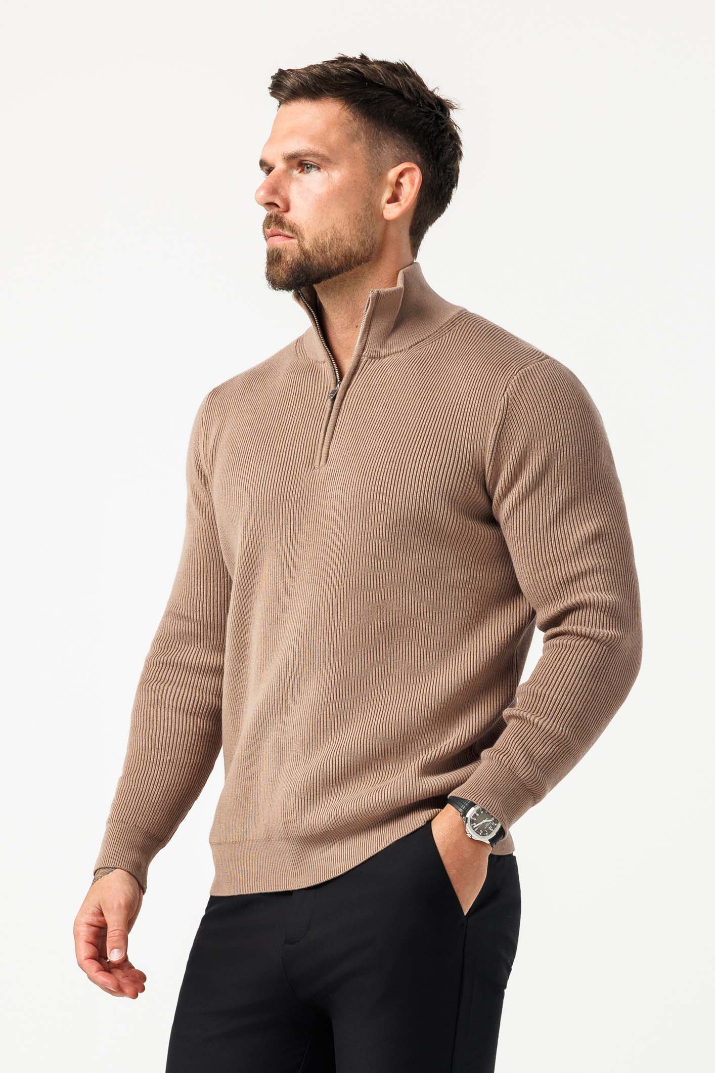 RIDGE KNIT QUARTER ZIP - BROWN