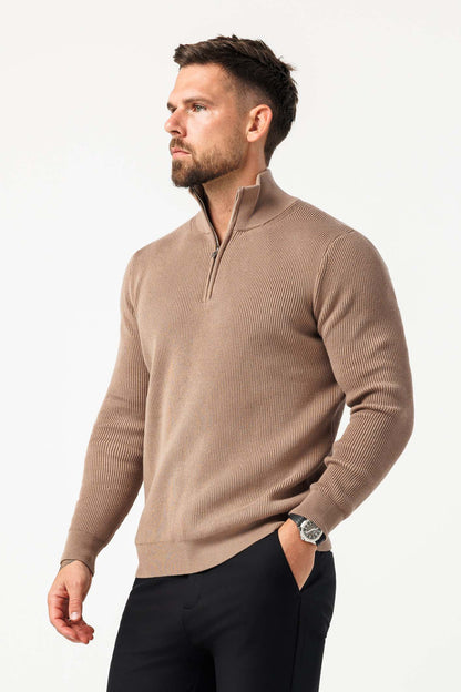 RIDGE KNIT QUARTER ZIP - BROWN