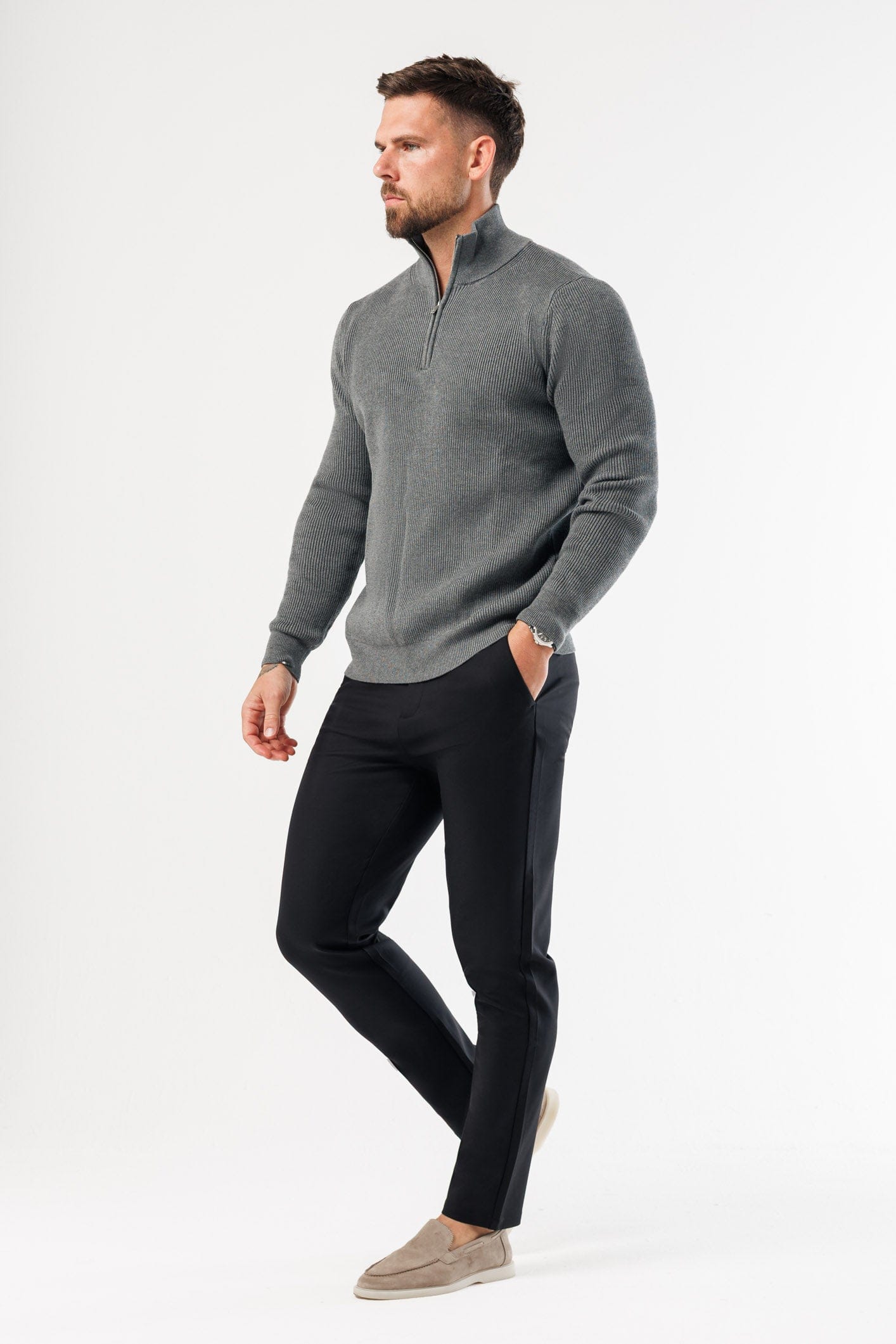RIDGE KNIT QUARTER ZIP - DARK GREY MARL