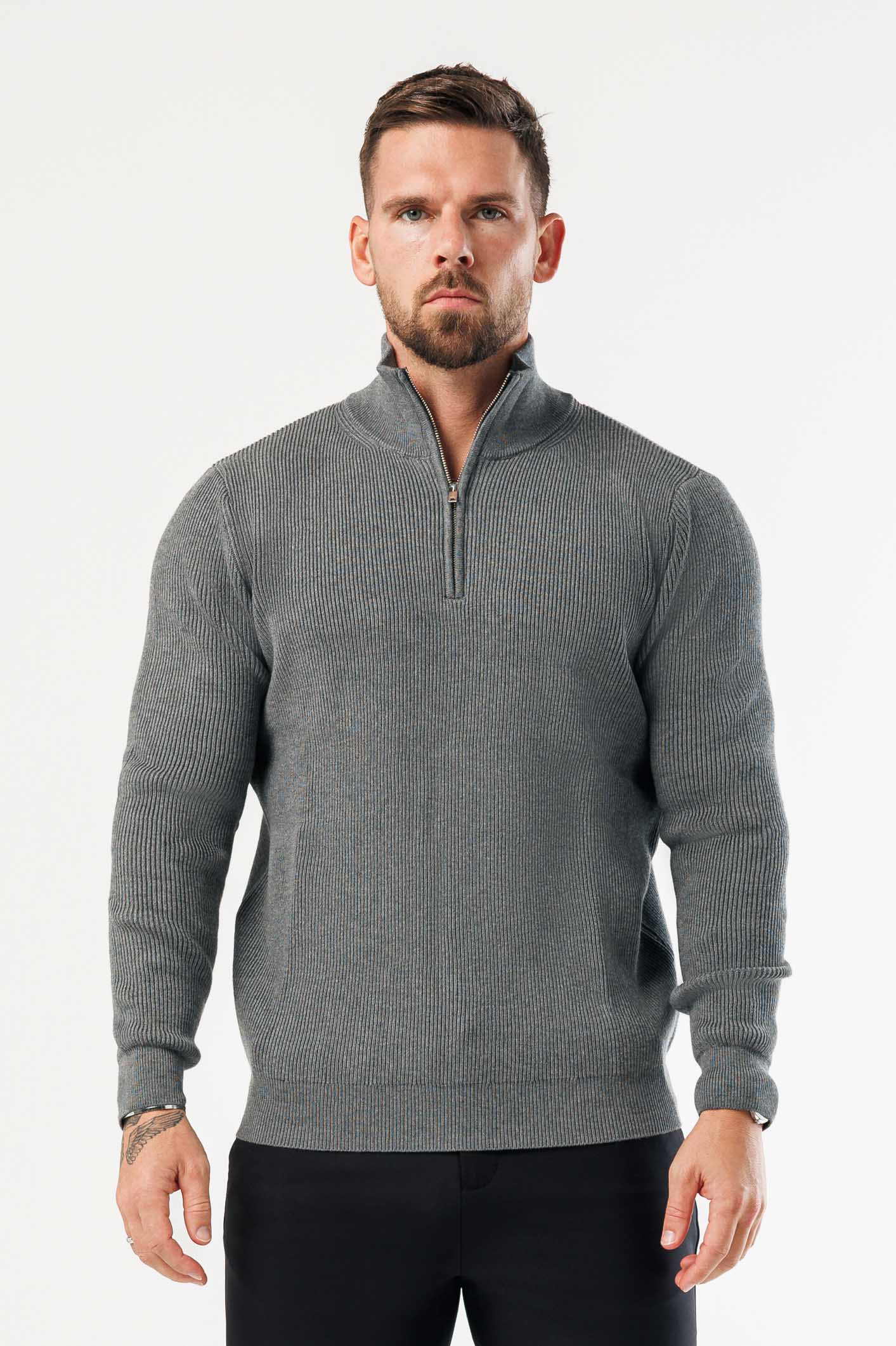 RIDGE KNIT QUARTER ZIP - DARK GREY MARL