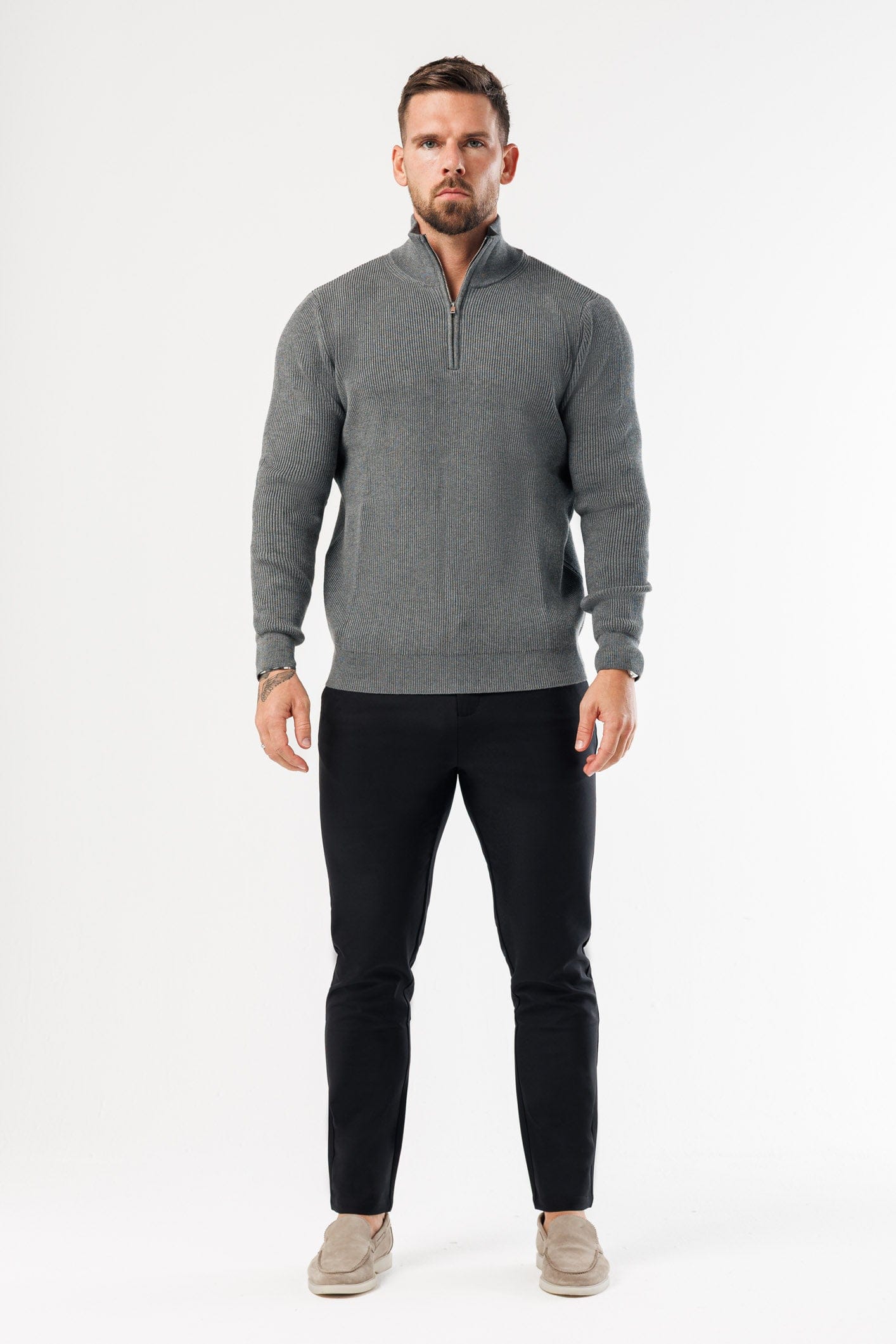 RIDGE KNIT QUARTER ZIP - DARK GREY MARL