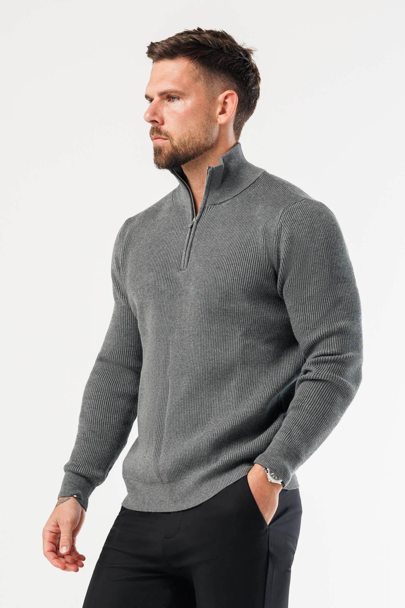 RIDGE KNIT QUARTER ZIP - DARK GREY MARL